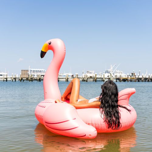 A person lounges on a pink flamingo float in calm water near a dock with boats in the background, enjoying a sunny day outdoors.