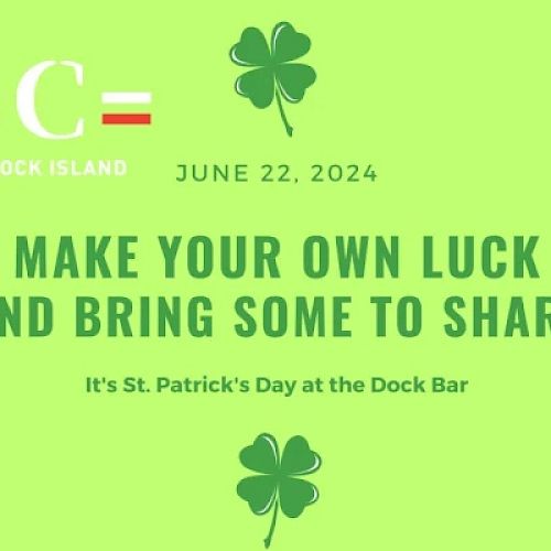 The image promotes a St. Patrick’s Day event on June 22, 2024, at the Dock Bar on Block Island with the message: 