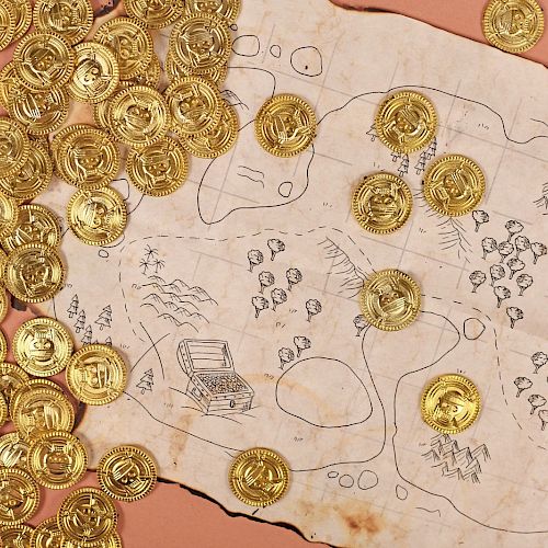 A treasure map is partially covered with a pile of gold coins, some of which are scattered around on a pink surface, ending the sentence.