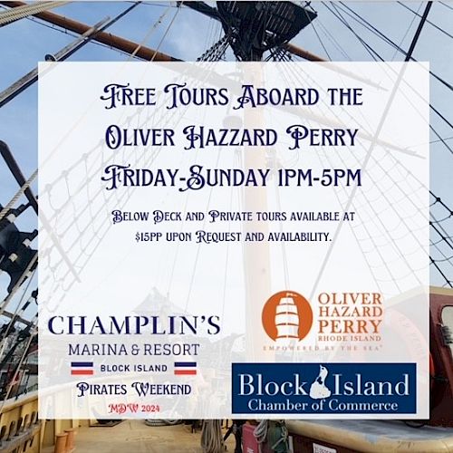 A flyer advertising free tours aboard the Oliver Hazzard Perry from Friday to Sunday, 1 PM to 5 PM. Hosted by Champlin's Marina & Resort.