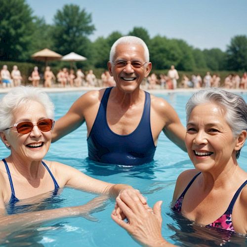 Three elderly friends are smiling and enjoying themselves while standing in an outdoor swimming pool on a sunny day.