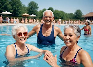Three happy elderly people enjoy swimming in an outdoor pool, with many others in the background on a sunny day, smiling and having fun.